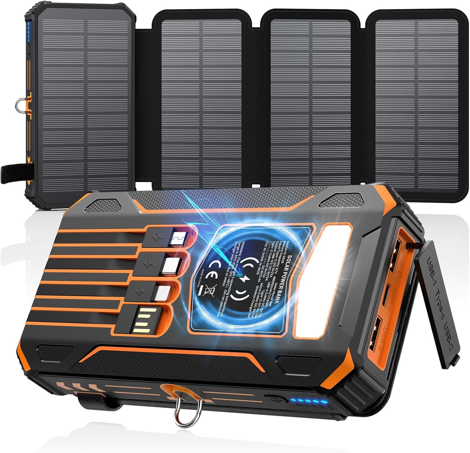 Solar Power Bank 48000mAh Wireless Portable Charger with 4 Cables